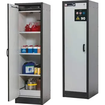 Bezpečnostní skříň na chemikálie 90 min., 3 police + vana, š. 600 mm, dveře šedé