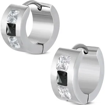 Náušnice Ocelové náušnice s černým čtvercovým zirkonem uprostřed a dvěma čirými na vertikálních stranách