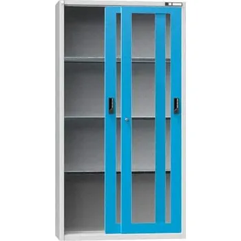 Dílenská skříň, v x š x h: 1950 x 1044 x 405 mm, dveře - dvoukřídlé posuvné prosklené, 3 x police 100 kg, barva šedá RAL7035 / modrá RAL5012