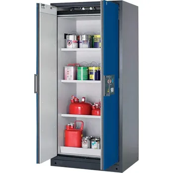 Bezpečnostní skříň na chemikálie 90 min., 3 police + vana, š. 900 mm, dveře modré
