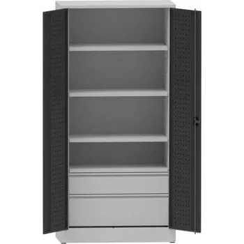 Dílenská skříň na nářadí, v x š x h: 1950x950x500 mm, perforované panely, 3 x police, 2 x zásuvka, barva šedá RAL7035/antracit RAL7016