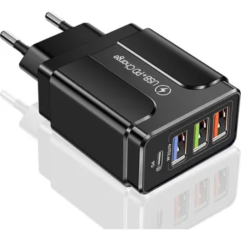 Síťová nabíječka 3x USB a 1x PD port (USB-C), černá