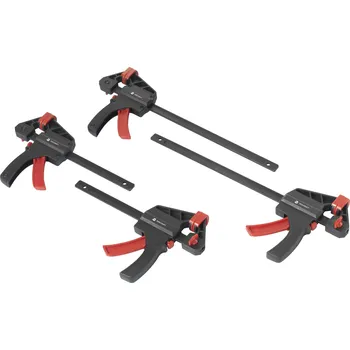 Truhlářská svěrka TOOLCRAFT TO-7870761 Jednoruční upínací svěrka, sada 4 ks (15 cm a 30 cm) Rozpětí (max.):300 mm Vnější délka: 300 mm, 450 mm Délka vyložení:59 mm