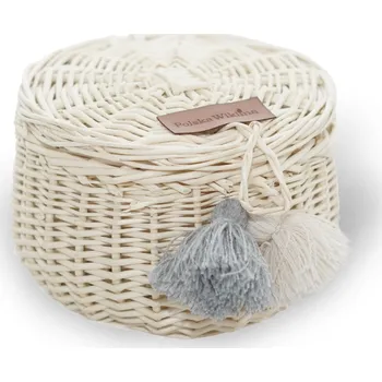 Úložný box Vingo Proutěná dóza s bambulkami - bělená bílá