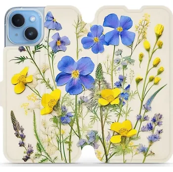 Pouzdro na mobilní telefon Flipové pouzdro Mobiwear - Apple iPhone 14 - VP41S Modré a žluté kvítky (Knížkové flip pouzdro, obal, kryt na mobil Apple iPhone 14 - VP41S Modré a žluté kvítky, materiál Umělá kůže + TPU - ochrana 360°, stojánek, silikonová vanička, magnetické zavírání)