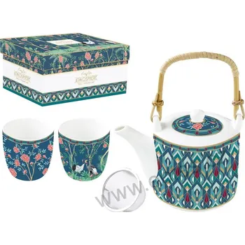 Konvice na čaj Easy Life MANDALAY modrozelený porcelánový čajový set: konvice a kelímky s ptáky a rozkvetlými stromy a ornamenty *ATMOSPHERE* 600ml + 2x160ml
