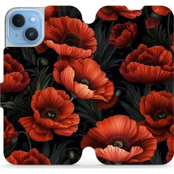 Pouzdro na mobilní telefon Flipové pouzdro Mobiwear - Apple iPhone 14 - VP45S Temné červené květy (Knížkové flip pouzdro, obal, kryt na mobil Apple iPhone 14 - VP45S Temné červené květy, materiál Umělá kůže + TPU - ochrana 360°, stojánek, silikonová vanička, magnetické zavírání)