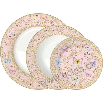 Talíř Easy Life MAJESTIC BUTTERFLIES sada 3 ks jídelních talířů: polévkový, rovný plochý, dezertní motýlci a květy, zlaté zdobení 3 ks