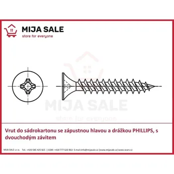 Vrut P 4,8x 90 Vrut do sádrokartonu se zápustnou hlavou a drážkou PHILLIPS, s dvouchodým závit