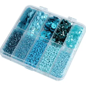 Výtvárné potřeby Sada rokajl a flitry v plastovém boxu, barva 4 modrá světlá