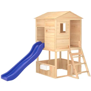 Dětské hřiště Recenze Dětské hřiště na zahradu z masivní jedle 145 x 131,5 x 218,5 cm hnědé/modrá skluzavka