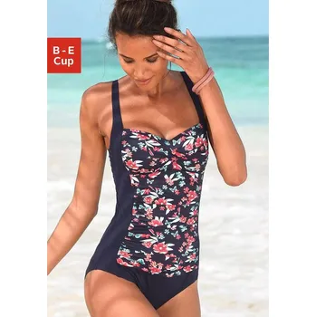 Dámské plavky Dámské plavky jednodílné s překřížením pod prsy a řasením v pase (s úzkými ramínky) - jiné barvy Barva: červené kvítky 017, Velikost: L