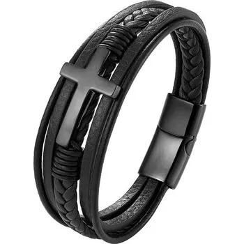 Náramek Joy-sperky Pánský kožený náramek vícevrstvý chirurgická ocel černý kříž Délka: 22 cm