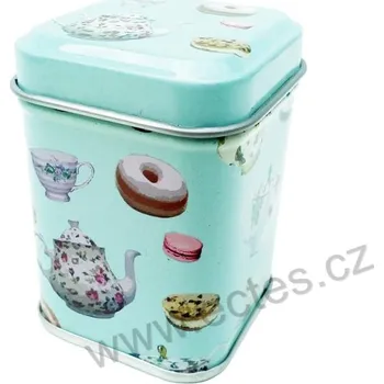 Dóza na potraviny GOURMAN světle modrozelená plechová dóza na čaj 7422 konvička s šálkem, sladkosti