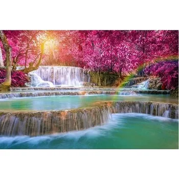 Diamantové malování Diamantové malování - Vodopád s růžovými stromy - č. 240 60x40 cm