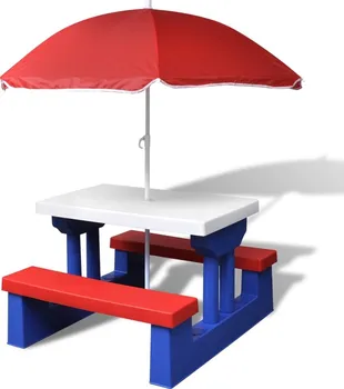 Dětský zahradní nábytek Dětský plastový piknikový stůl s lavičkami a slunečníkem červený/modrý/bílý