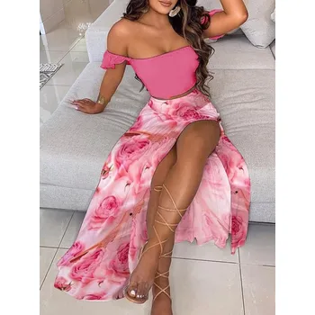 Dámský letní set crop topu a dlouhé sukně (11-19) Barva: růže, Velikost: XL