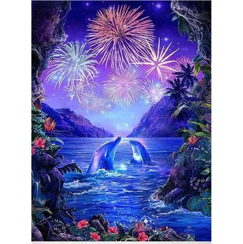 Diamantové malování Diamantové malování - Ohňostroj a delfíni - č. 755 35x45 cm