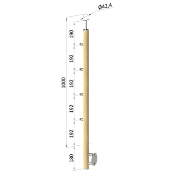 Zábradlí KOVIAN, s.r.o. Dřevěný sloup, boční kotvení, 4 řadový, průchozí, vnější, vrch pevný (ø42 mm), materiál: buk, broušený povrch s nátěrem BORI (bezbarvý)