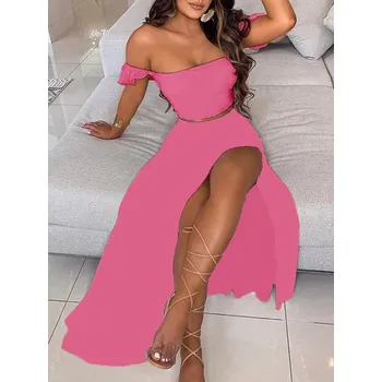 Dámský letní set crop topu a dlouhé sukně (1-10) Barva: Růžová, Velikost: M