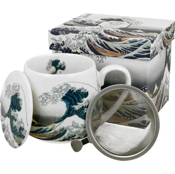 DUO Gifts DG - Porcelánový hrnek Barylka VELKÁ VLNA od K. Hokusaie se sítkem a víčkem v dárkové krabičce - 430 ml