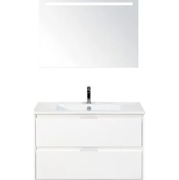 Koupelnový nábytek Koupelnový nábytkový set Porto 90 cm s keramickým umyvadlem bílá lesklá a zrcadlem s LED osvětlením