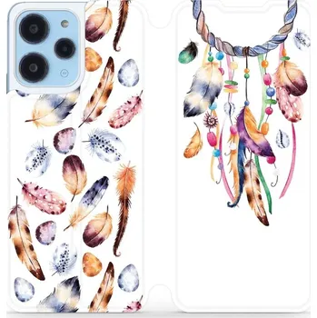 Pouzdro na mobilní telefon Flipové pouzdro Mobiwear - Xiaomi Redmi 12 - M003S Lapač a barevná pírka (Knížkové flip pouzdro, obal, kryt na mobil Xiaomi Redmi 12 - M003S Lapač a barevná pírka, materiál Umělá kůže + TPU - ochrana 360°, stojánek, silikonová vanička, magnetické zavírání