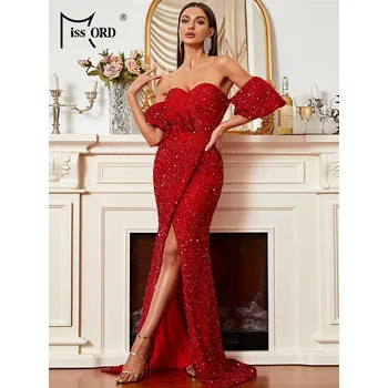 Dámské šaty Třpytivé šaty s odhalenými rameny a nafouklými rukávy Barva: Červená, Velikost: XL