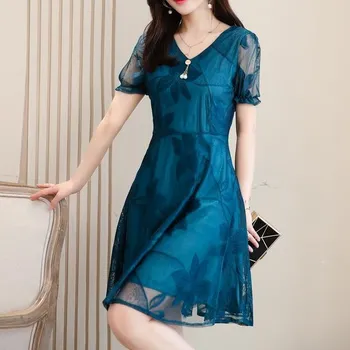 Dámské šaty Čína Elegantní společenské šaty s dvojvrstvým efektem a vyšívanými květy Barva: zelená (Short Sleeve-Green-A), Velikost: 4XL