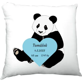 Bytový textil Polštář saténový s potiskem Polštář - Panda modré srdce - Miminka