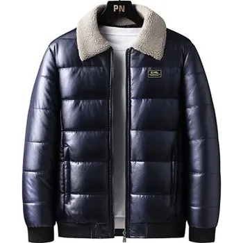 Pánský zimní kabát Prošívaná zimní bunda PU kůže s kožešinovým límečkem Barva: Modrá, Velikost: M