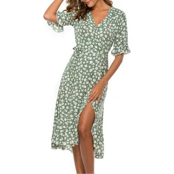 Dámské šaty Květované šaty ve stylu boho s rozparkem Barva: Zelená, Velikost: 2XL