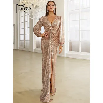 Dámské šaty Dlouhé třpytivé šaty s řasením, výstřihem a rozparkem na noze Barva: Zlatá, Velikost: S