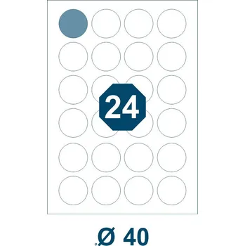 Samolepící etiketa Samolepicí etikety, průměr 40 mm, 24 ks na archu A4, 100 listů/bal.