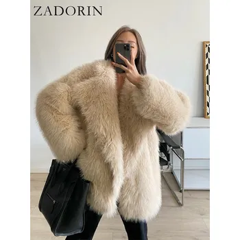 Dámský kabát Oversize kožešinový kabát chlupatá bunda s límcem Barva: Aprikotová, Velikost: L