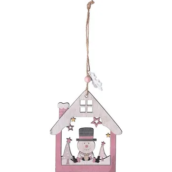 Vánoční dekorace Závěs dřevo 110x125mm domeček se sněhulákem, přírodní, růžová