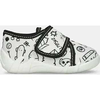 Capáčky Mini b bílá dětská obuv na suchý zip s kreslenými obrázky, vel. 19