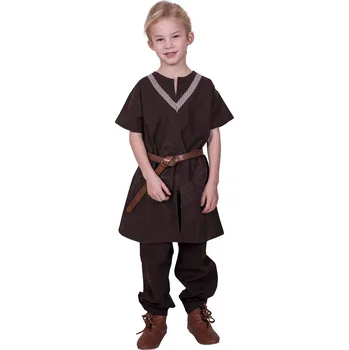 Karnevalový kostým Battle Merchant Dětská středověká tunika Ailrik s lemem a krátkým rukávem, hnědá