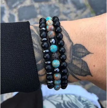 Souprava šperků B-TOP Sada náramků z kamenných korálků - černá/modrá