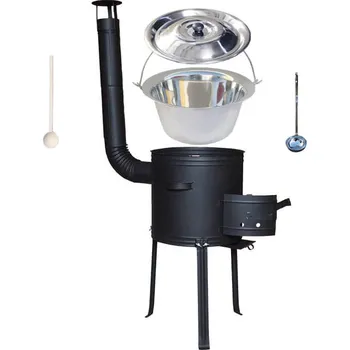 Kempingové nádobí Nerezový kotlík 20 L (1,2 mm) + kovová kotlina s vysokými nožičkami 42 cm + poklice, vařečka a naběračka