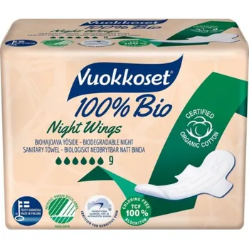 Menstruační vložka Vuokkoset Vuokkoset, 100% BIO, Hygienické vložky s křidélky na noc, 9 ks.