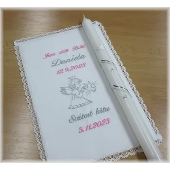 rouška Křestní sada 2D vyšívaná rouška s krajkou , svíce vzor 54