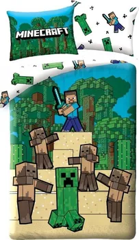 Ložní povlečení Halantex Minecraft Creeper a Steve 140 x 200, 70 x 90 cm zipový uzávěr