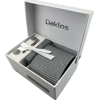 Kravata Luxusní set černo bílý hvězdičkovaný vzor - Kravata, kapesníček do saka, manžetové knoflíčky, kravatová spona v dárkovém balení