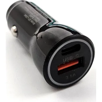 Adaptér 12-5V-3,1A USB-USBC - autoadaptér 12V s výstupem 5V USB zásuvky a USB-C zásuvky, maximální zatížení 3,1A Barva: Černá
