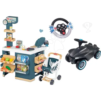 Odrážedlo Set obchod elektronický s váhou a skenerem Super Market a odrážedlo Neo Anthrazit Smoby a interaktivní volant se zvukem a světlem