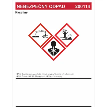 Značení Nebezpečný odpad 200114 - Kyseliny Samolepka PVC A7 (105 x 74 mm)