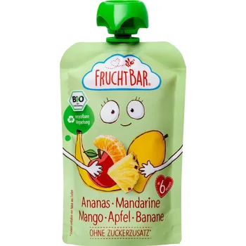 FruchtBar BIO Ovocná kapsička s jablkem, ananasem, mangem, banánem a mandarinkou 100g
