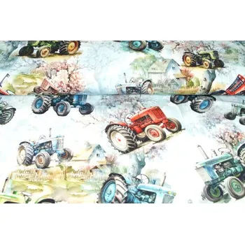 Galanterie Elastická teplákovina nepočesaná, potištěná, vzor traktory, látky, metráž, šíře 180cm