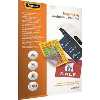 Kancelářská technika FELLOWES Laminovací fólie Admire Easy Display, 80 mikronů, A3, lesklá, samolepící, 25 ks, FELLOWES ,balení 25 ks 99670